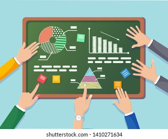 Business analysis, data analytics, research statistic, planning. Graph, charts, diagram on chalkboard. People analyze, plan development, marketing. Vector flat design