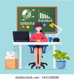 Business analysis, data analytics, research statistic, planning. Woman working at desk in office. Graph, charts, diagram on chalkboard. People analyze, plan development, marketing. Vector flat design