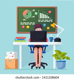 Business analysis, data analytics, research statistic, planning. Woman working at desk in office. Graph, charts, diagram on chalkboard. People analyze, plan development, marketing. Vector flat design