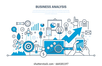 Business analysis, data analytics and research, strategy statistic and planning, marketing, study of performance indicators. Development, investment growth. Illustration thin line design