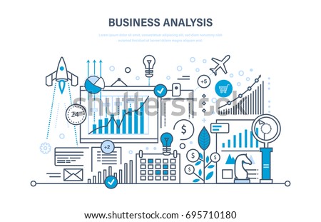 Business analysis, data analytics and research, strategy statistic and planning, marketing, study of performance indicators. Development, investment growth. Illustration thin line design
