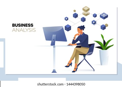 Business analysis, data analytics.Businesswoman looking at business analytics or intelligence dashboard on the computer screen.Flat vector illustration
