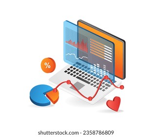 Business analysis data computer flat isometric illustration