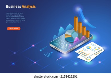 Business analysis with data report. Smartphone app analysing growth graph sales report in 3D. Innovation technology for successful business, digital marketing and strategy planning in futuristic. 