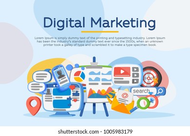 Business Analysis. Digital Marketing Concept. Social Network And Media Communication. Development Of Marketing Strategy. Banner In The Cartoon Flat Style. SEO, SMM And Promotion. Vector Illustration.