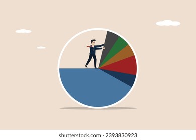 Business analysis, economic statistics concept, smart businessman standing on pie chart pushing allocation to best performance position.