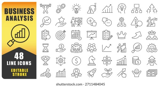 Conjunto de iconos de línea de trazo editable de análisis de negocios. Fortalezas, debilidades, oportunidades y amenazas. Presentaciones de Negocios, Planificación, Estrategia, Colección de Iconos de Infografía. Iconos aislados del vector.