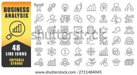 Business Analysis Editable Stroke Line Icon Set. Strengths, Weaknesses, Opportunities, and Threats. Business Presentations, Planning, Strategy, Infographics Icons Collection. Isolated Vector Icons.
