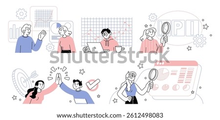 Business analysis. Evaluate results quality information, research system. Measure KPI, person effective job organization. Test chart model, dashboard design. Vector cartoon flat isolated illustration
