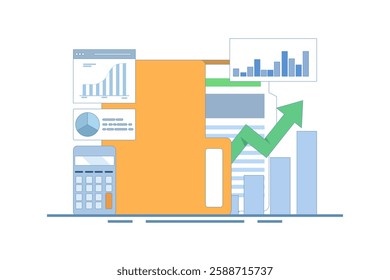 Business analysis expert concept. Conducting financial research, online data analysis reporting. Statistical and data analysis for business financial investment. Flat vector illustration.