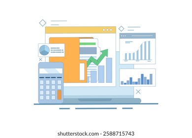 Business analysis expert concept. Conducting financial research, online data analysis reporting. Statistical and data analysis for business financial investment. Flat vector illustration.