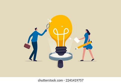 Unternehmensanalyse. Entdecken und recherchieren Sie Geschäftsidee. Geschäftsmann und Geschäftsfrau überprüfen oder validieren Glühbirnen. Illustration