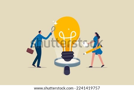 Business analysis. Explore and research business idea. Businessman and Business woman verify or validate light bulb. Illustration