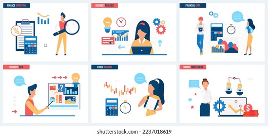 Business analysis and financial data reporting, investment and trading set vector illustration. Cartoon tiny people work with creative ideas, research stock market charts, weigh risks on scales