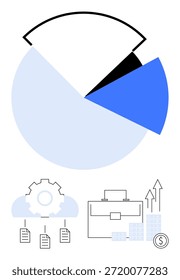 Análisis de negocio, planificación financiera, soluciones en la nube, visualización de datos, herramientas de productividad, crecimiento económico. Un gráfico circular con archivos en la nube, maletín e iconos de crecimiento. Negocios y finanzas