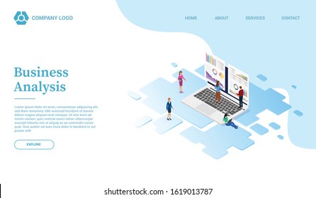 business analysis with graph and chart website template or landing homepage with isometric style