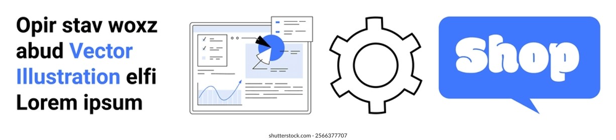 Business analysis with graphs and charts gear icon and shop speech bubble. Ideal for e-commerce data analytics business strategy online store and market research. Landing page