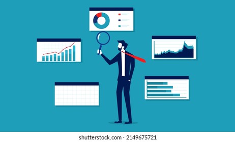 Business analysis. business holding magnifying glass to analyze graphs and charts