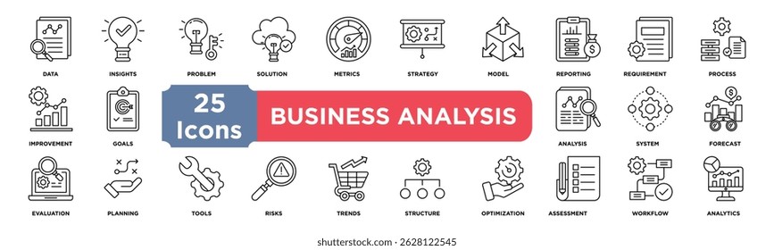 Conjunto de colecciones de iconos de análisis de negocio. Contiene datos, información, problemas, soluciones, métricas, estrategia, modelo, informes, requisitos, icono de proceso. Vector de línea simple.