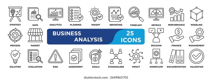 Conjunto de colecciones de iconos de análisis de negocio. Contiene estrategia, datos, análisis, planificación, información, informes, previsiones, métricas, rendimiento, icono de modelado. Vector de línea simple.	
