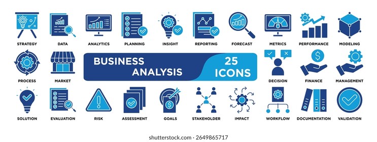 Business Analysis-Symbolsammlung. Enthaltend Strategie,Daten,Analyse,Planung,Einblick,Reporting,Prognose,Metriken,Performance,Modellierung Symbol. Doppeltonvektor.	

