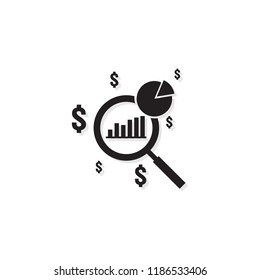 Business analysis icon. symbol with magnifying glass. rising bars chart. dollar increase revenue. Money symbol with arrow. finance cost outline vector illustration