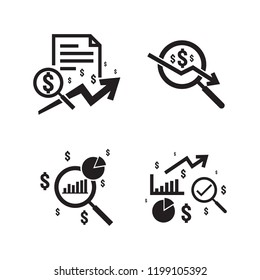 Business Analysis Icon. Symbol With Magnifying Glass. Dollar Increase Revenue. Money With Arrow. Finance Cost. Decrease Rate Economy Stretching. Lost Crisis. Reduction Bankrupt. Vector Illustration