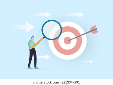 Business analysis to increase sale, marketing target audience research concept. Businessman holding magnifying glass analyzes the ultimate goal and directions of development to achieve it