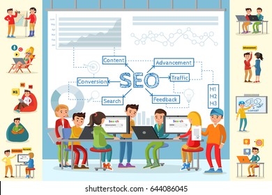 Business analysis infographic concept with people working in office on optimization of main seo strategy indicators vector illustration