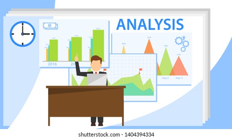 Business analysis infographics. A man sits at a table with a laptop and analyzes. Vector illustration of marketing research.