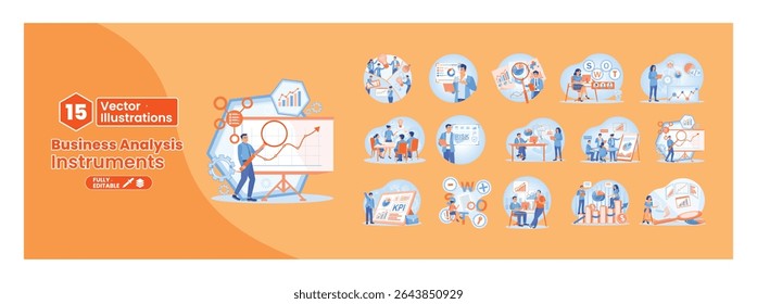 Business analysis instrument concept. A group of illustrations depicting business teams working together, analyzing data, and sharing ideas. Mega set.