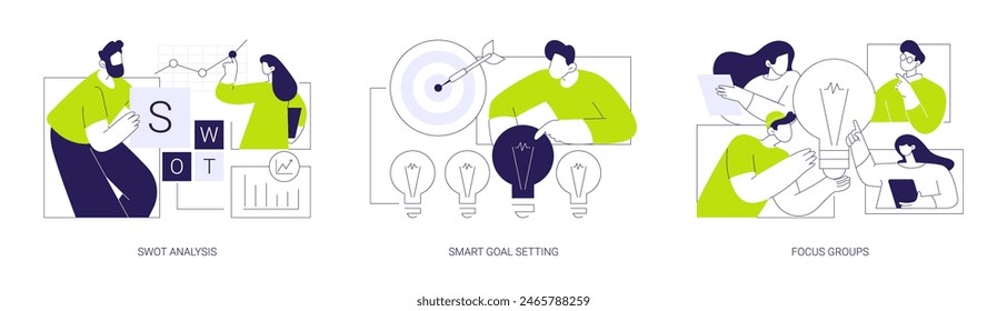 Business analysis instruments abstract concept vector illustration set. SWOT analysis, SMART goal setting, focus groups, IT company team, project management, brainstorming abstract metaphor.