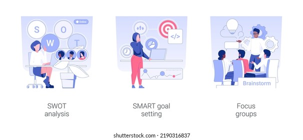 Business analysis instruments isolated concept vector illustration set. SWOT analysis, SMART goal setting, focus groups, IT company team, project management, brainstorming vector cartoon.