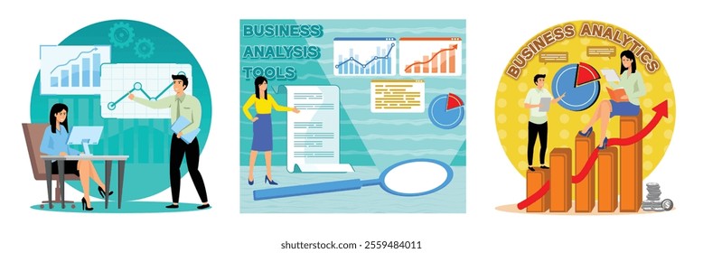 Business analysis instruments. Business Analysis Tool with magnifying glass and Graphical Representation for Data Insights. Growth Arrow and Professional. Set flat vector modern illustration 