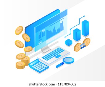 business analysis and investment grow system, isometric blue light concept. there are computer laptop and graph screen. vector illustration