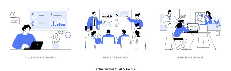 Business analysis isolated cartoon vector illustrations set. Man collecting data using laptop, collecting information, meet stakeholders, find startup objectives, analyzing IT market vector cartoon.