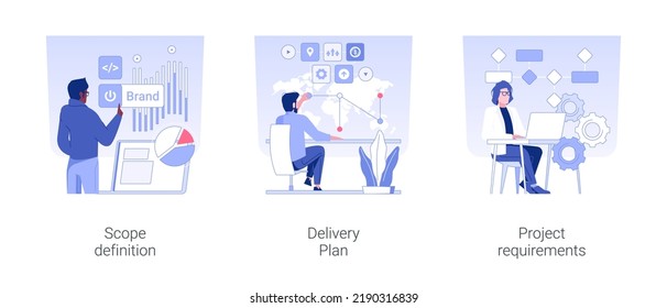 IT business analysis isolated concept vector illustration set. Scope definition, delivery plan, project requirements, startup development, data management, stakeholder analysis vector cartoon.