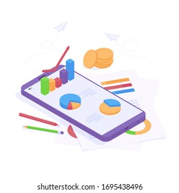 Business analysis isometric concept with graphics on mobile phone and paper documents and coin money isolated on white background. Isometric chart and graph on smartphone for business analytics.