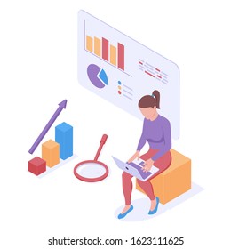 Business analysis isometric concept. Young woman sitting with laptop and making development of financial information in form of charts and graphs in isolated vector illustration.