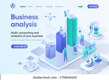 Business Analysis isometrische Landing Page. Professioneller Audit-, Buchhaltungs- und Analytikdienst. Consulting Unternehmen Template für CMS und Website-Builder. Ich habe eine Szene mit Menschen Charaktere.