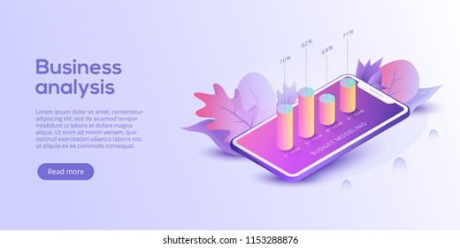 Geschäftsanalyse isometrische Vektorgrafik. Wachstumsdynamik oder Finanzaktivitätskonzept. Wachsende Grafik auf Smartphone, Online-Banking-App für Handy.