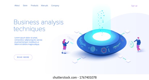 Análisis de negocio en ilustración vectorial isométrica. Análisis de datos para soluciones de marketing de empresa o rendimiento financiero. Concepto de contabilidad presupuestaria o estadística. Plantilla de diseño de banna Web.