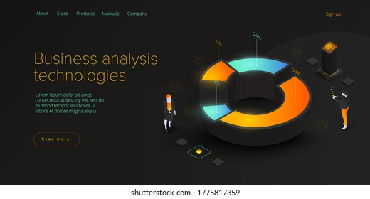 Business analysis in isometric vector illustration. Data analytics for company marketing solutions or financial performance. Budget accounting or statistics concept. Web banner layout template.