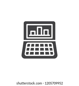 Business analysis laptop vector icon. filled flat sign for mobile concept and web design. Analytics process with infographic chart simple solid icon. Symbol, logo illustration. Pixel perfect vector