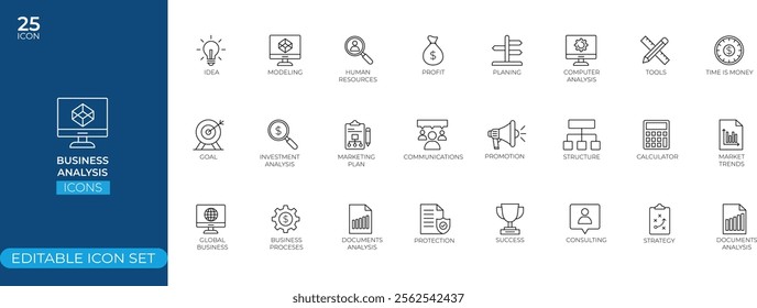 Business Analysis Line Icon Set" features sleek and minimalist vector-based icons that visually represent concepts related to business analysis.