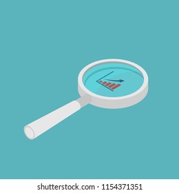 Business analysis. Magnifier with rising bars chart. graph and magnifier icon vector