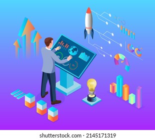 Business Analysis and management concept. Business Strategy, Big Data, Solution, Briefcase, Research, Data Mining, Accountancy. Website landing page. Isometric businesspeople plan and goal to success