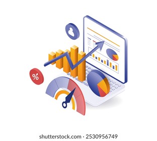 Ilustração isométrica do desempenho do gerenciamento de análise de negócios