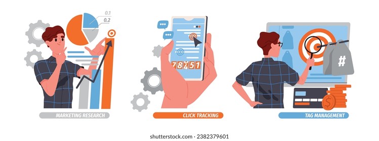 Business analysis and marketing illustrations set. Characters conduct marketing research, track clicks and manage tags. Attracting target audience. Cartoon flat vector collection isolated on white