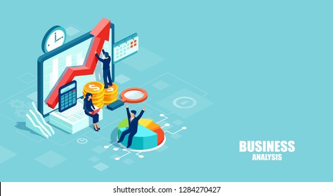 Business analysis and marketing using modern technology concept. Isometric vector of businesspeople working as a team developing a successful strategy